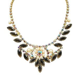 Vintage Amber Topaz Rhinestone & Pearl Necklace